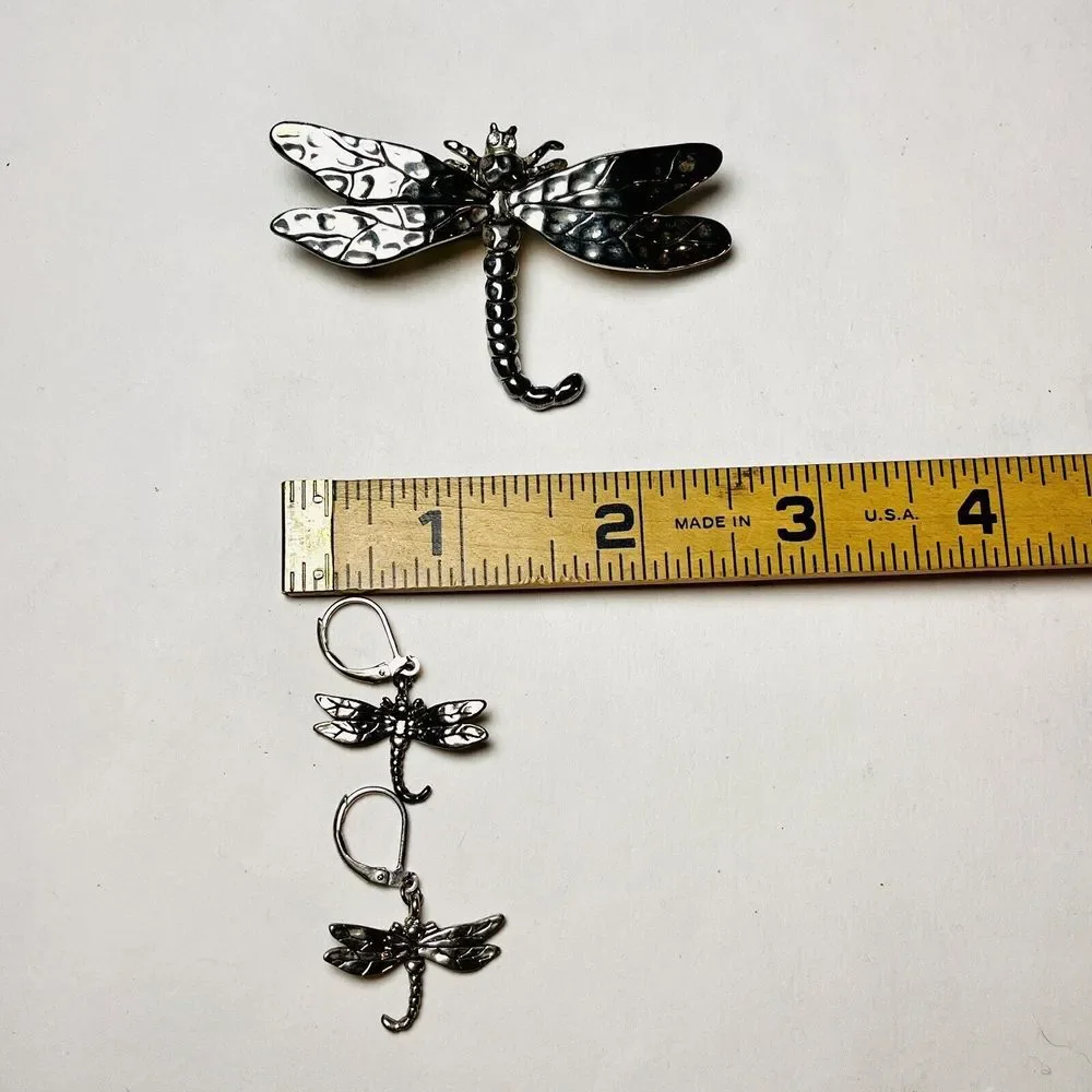 Large Dragonfly Brooch / Pendant & Earrings Set Silver Tone Unsigned Rhinestones